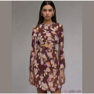 NWT Minkpink Orelie Cutout Mini Dress Large Brown Floral Long Sleeve Boho L